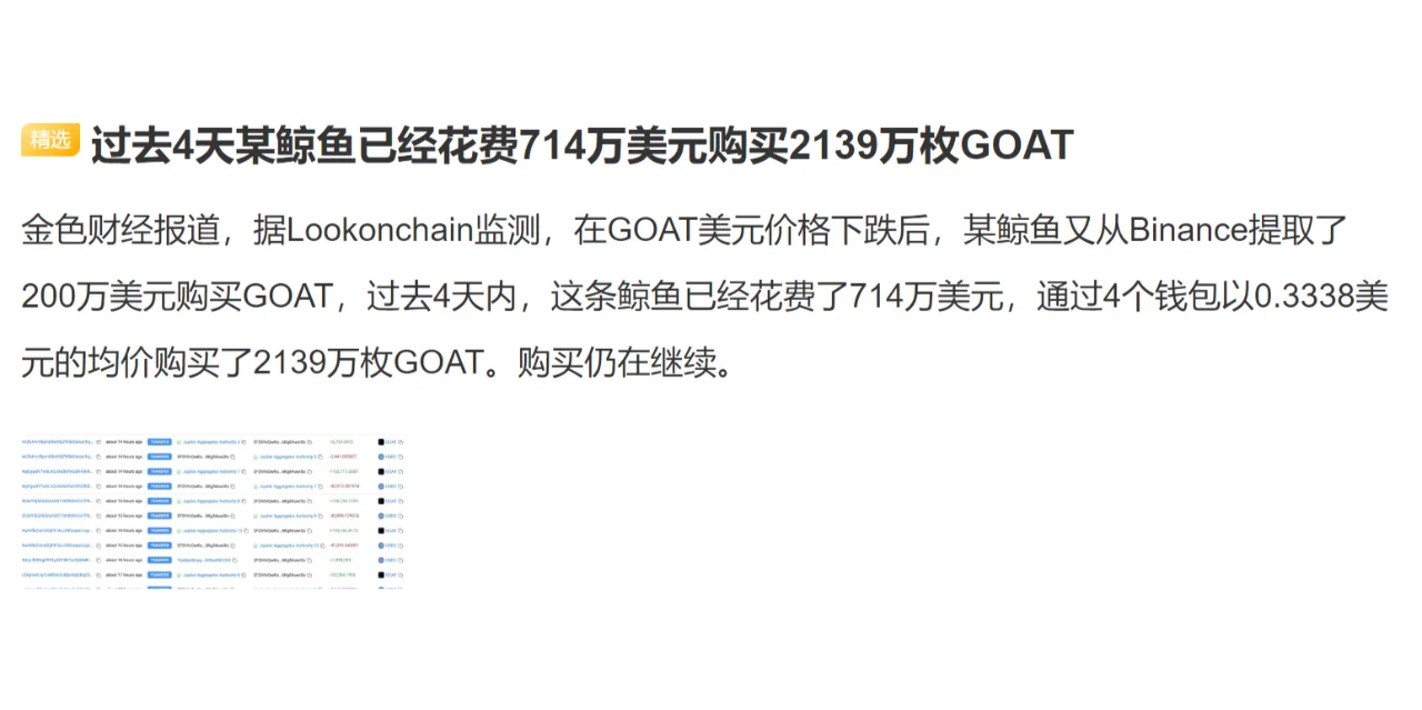 过去4天某鲸鱼已经花费714万美元购买2139万枚GOAT