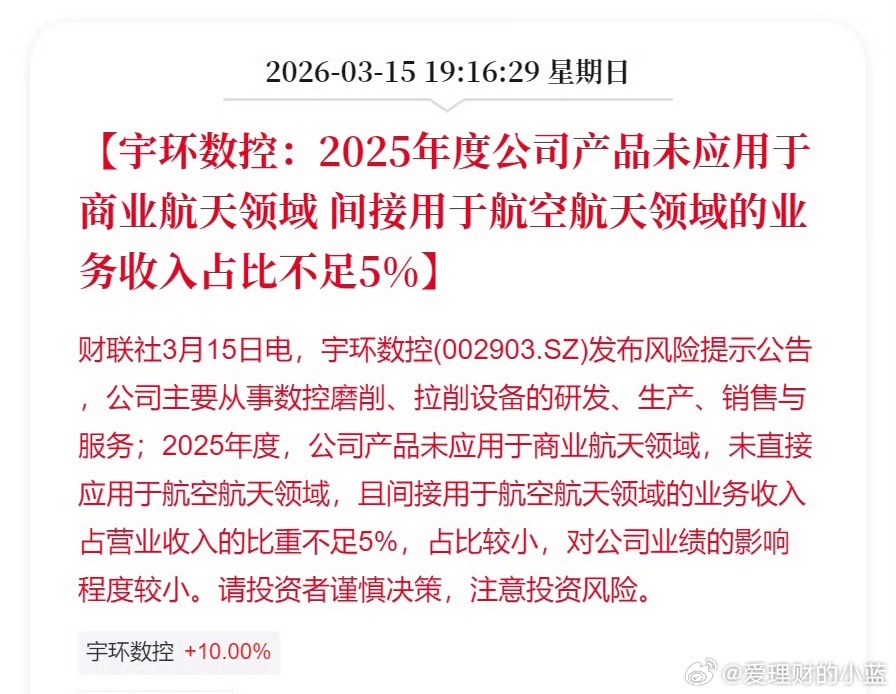 宇环数控：2025年度公司产品未应用于商业航天领域 间接用于航空航天领域的业务收