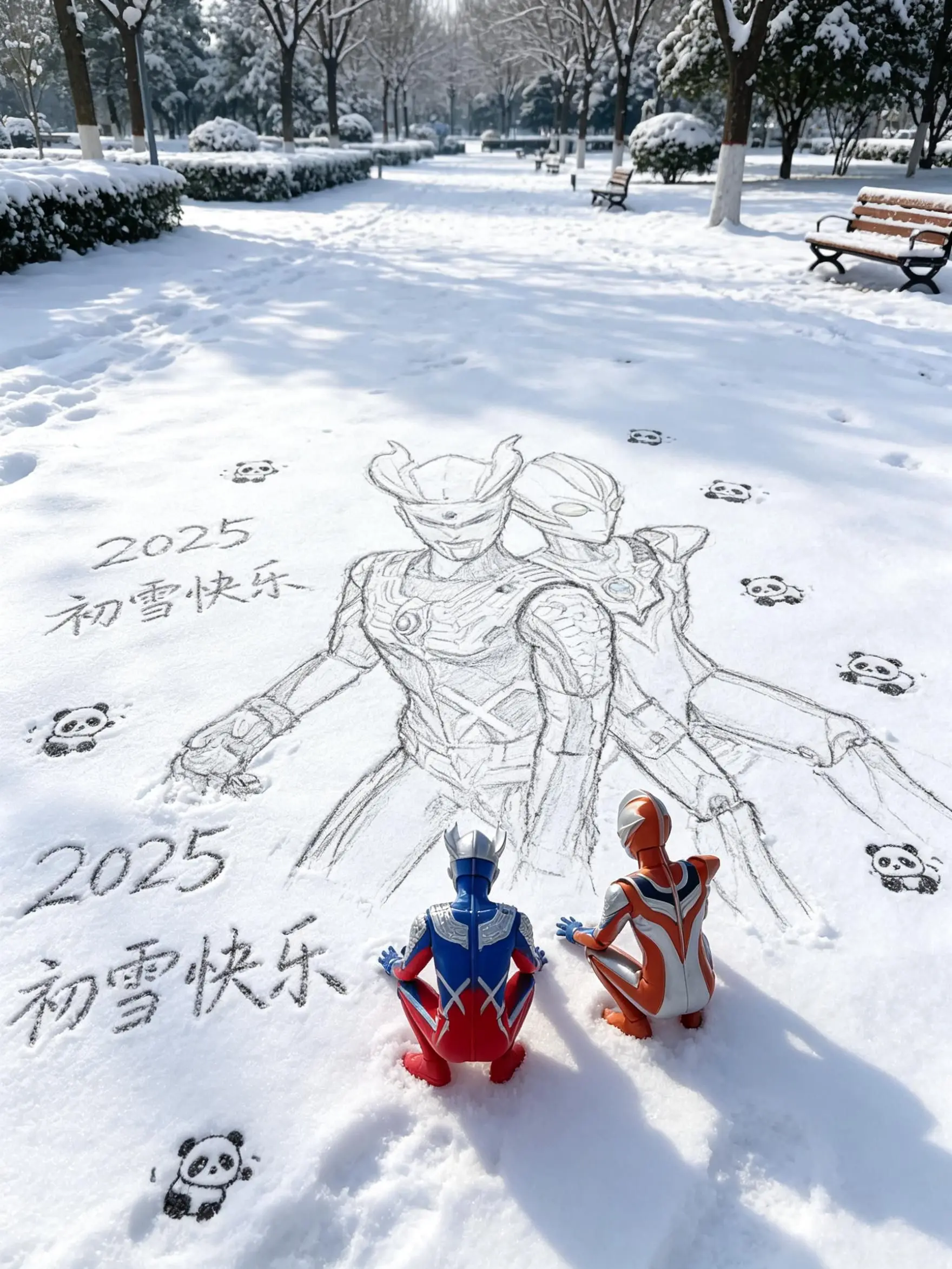 雪地手绘风 在雪地里当画家咯 万物皆有初雪氛围