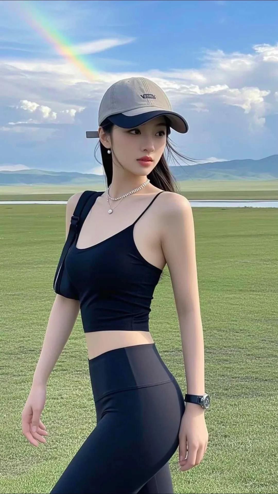 她站在草地上，戴着棒球帽，风景很美。街拍 高清美女