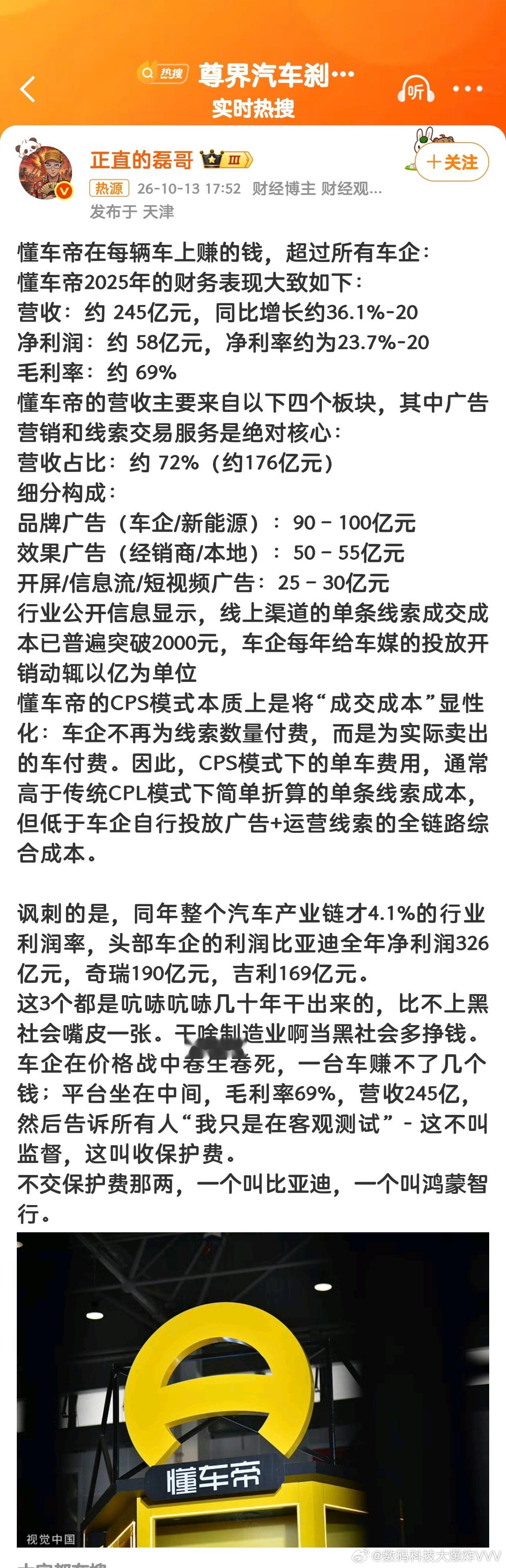 懂车帝的这营收和利润太夸张了吧？博主称懂车帝单车赚钱超车企 ​​​