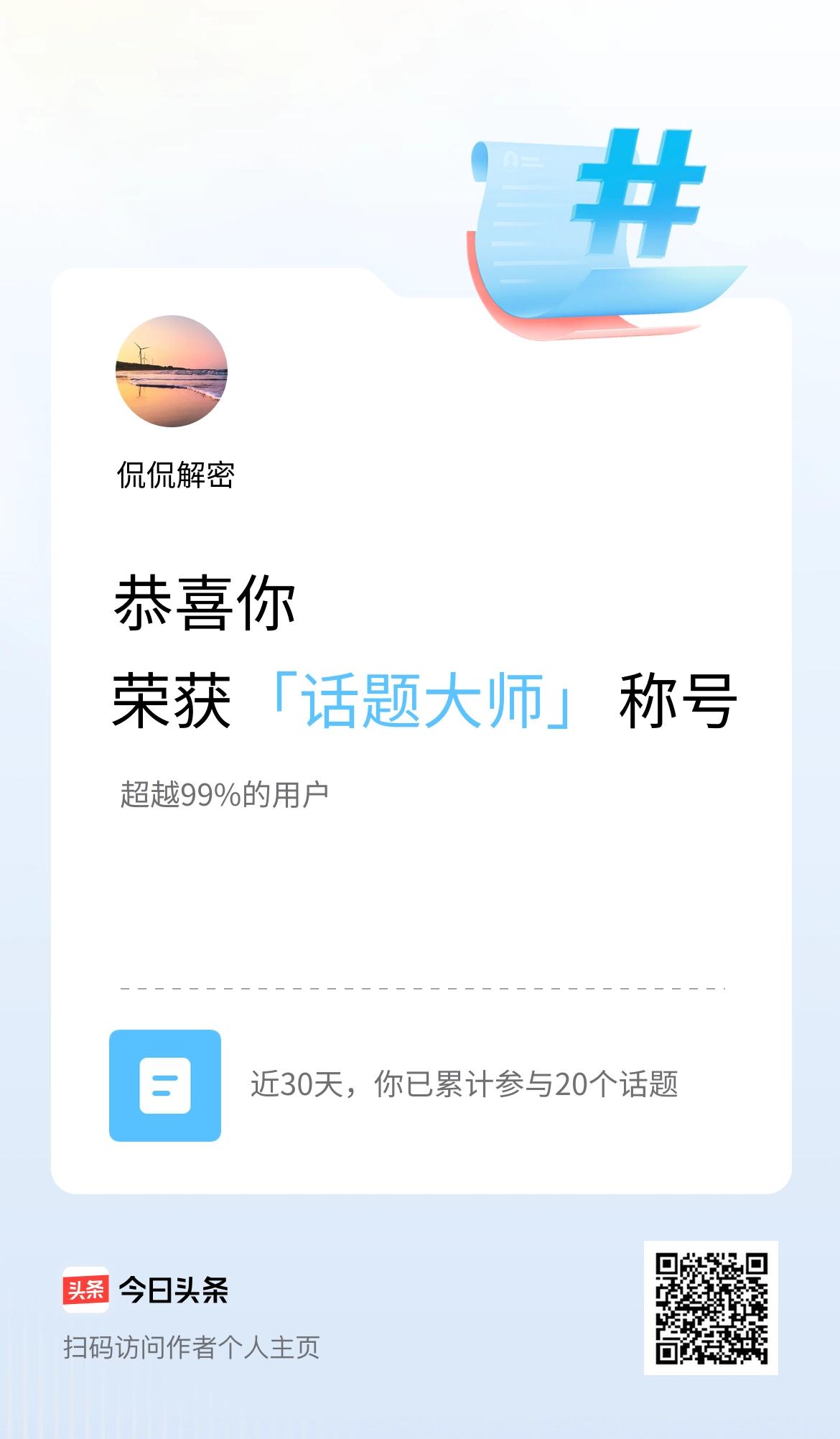 我在头条获得「话题大师」称号