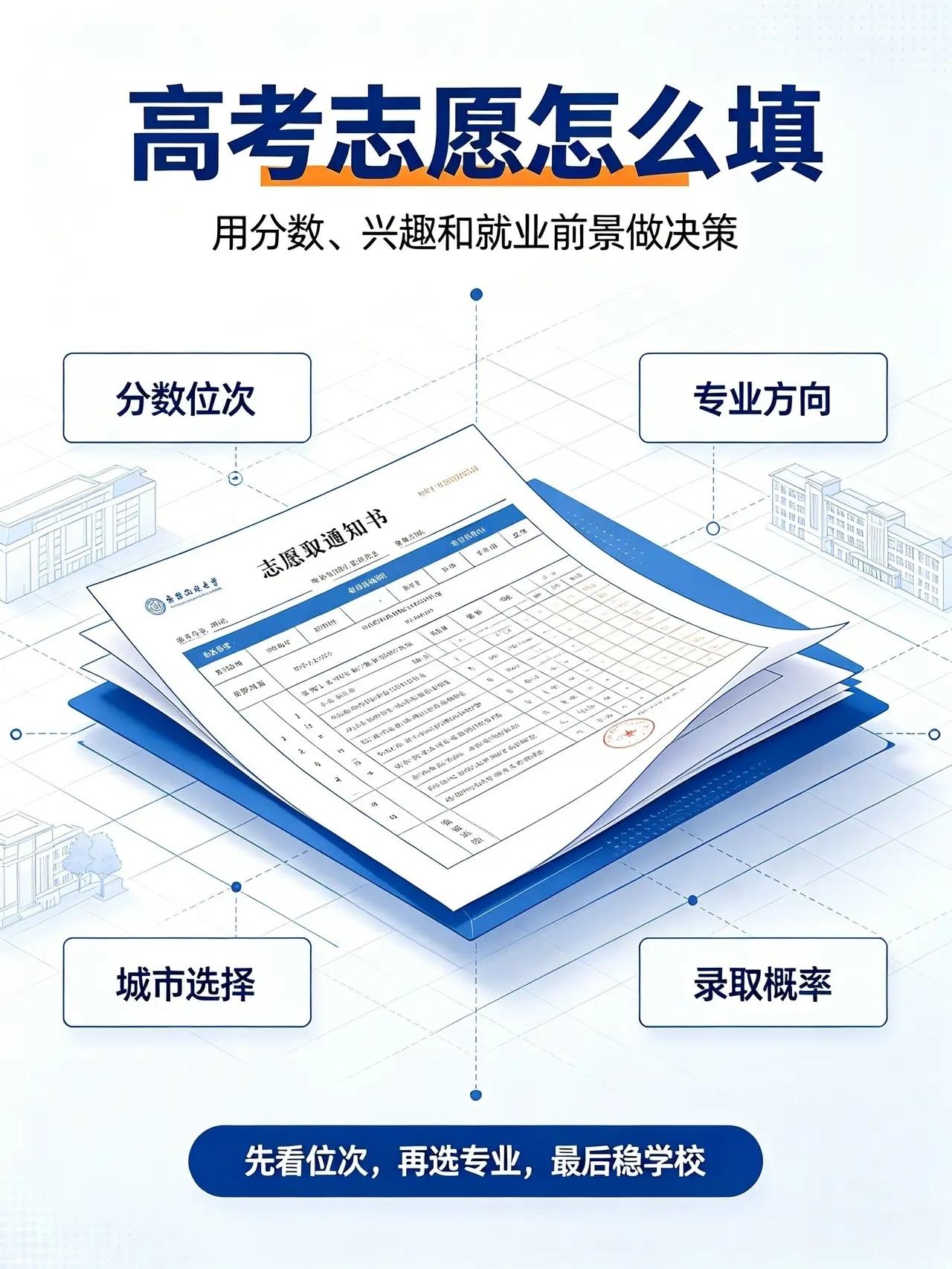 填志愿，先选高校，一定要根据自己的一分一档排位来确定。选定理想高校后再确定自已喜