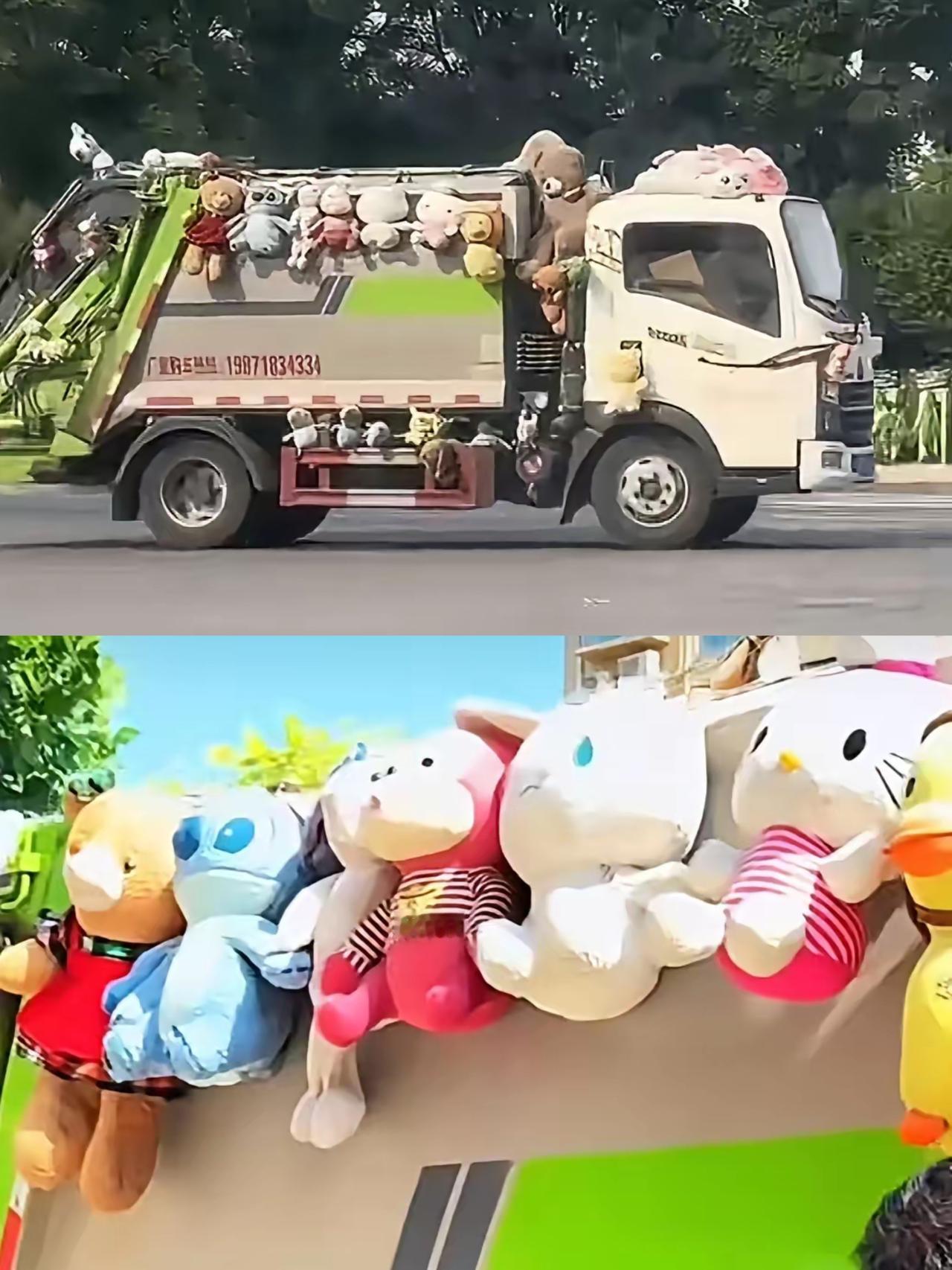 山东这位垃圾清运师傅也太温柔了！满是尘土的清运车挂满洗得干干净净的玩偶，瞬间让冰