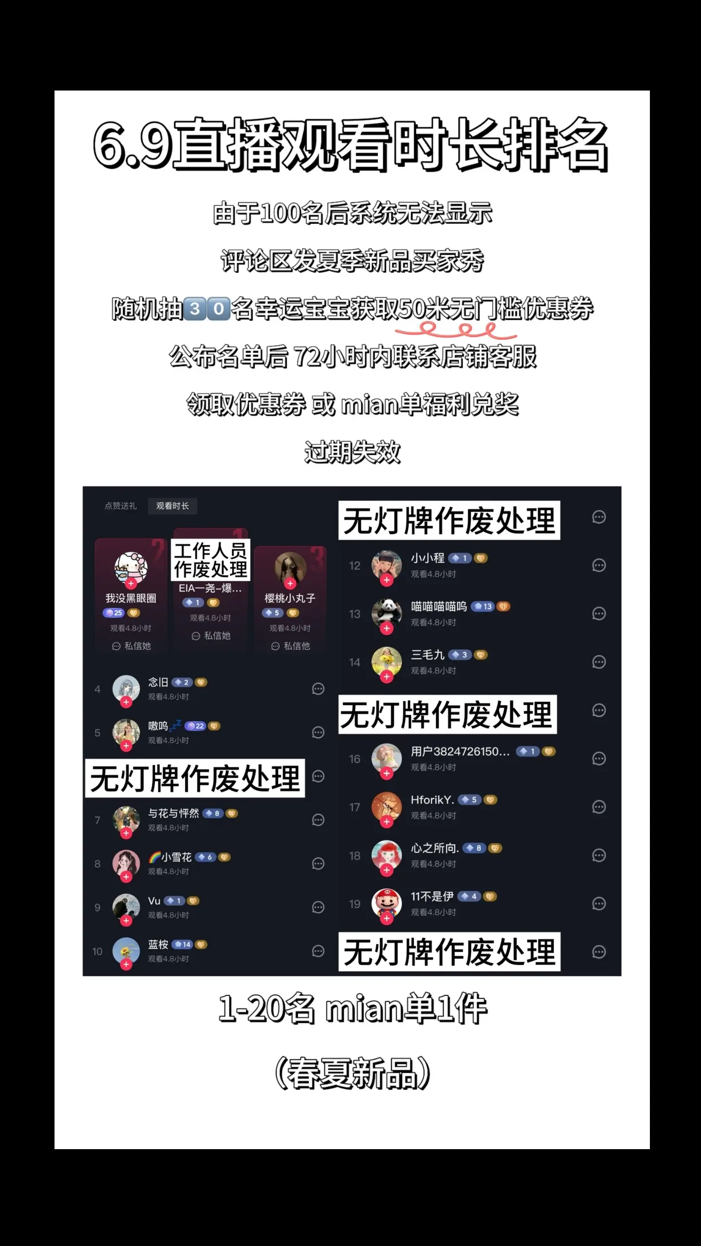 宝宝们～6.9号观看时长名单来噜～❤️