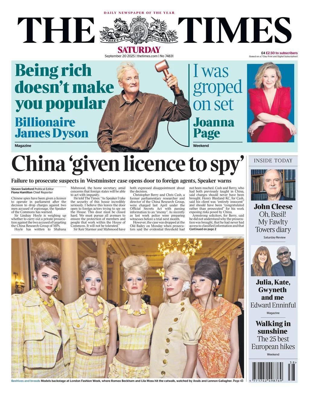 英国《泰晤士报》头版称，英国下议院议长林赛·霍伊尔（照片）在《泰晤士报》中警告称