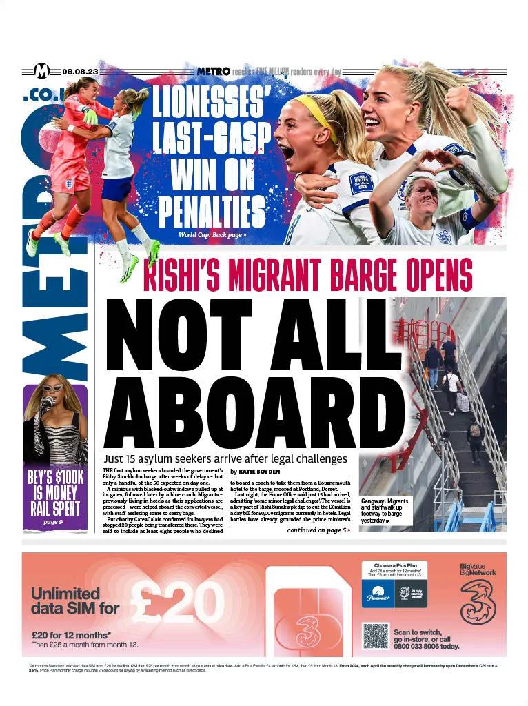  英驳船首天仅15名船民入住

《都市报》在头版报道，英国政府用驳船改装的非法船