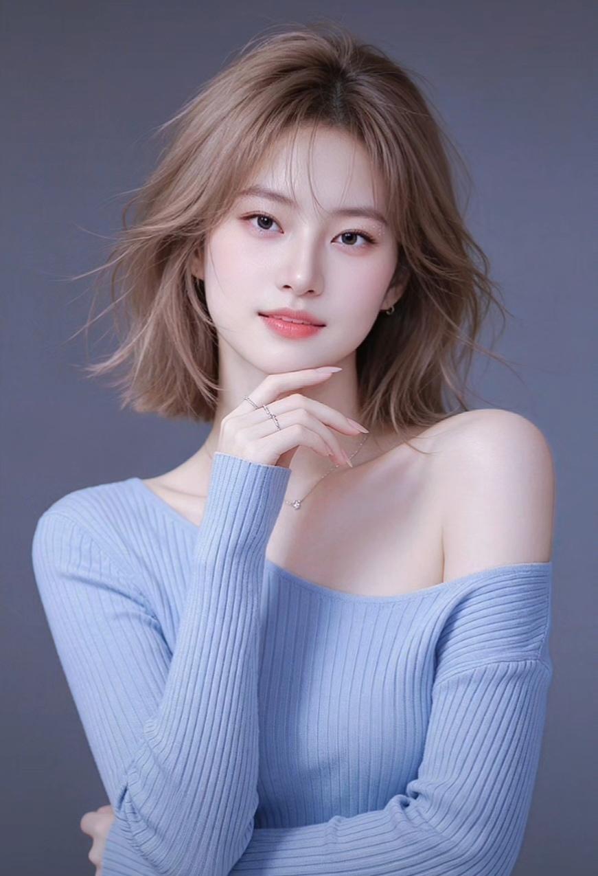 温柔甜美的少女，浅蓝色毛衣，自然妆容，气质满满！💕✨