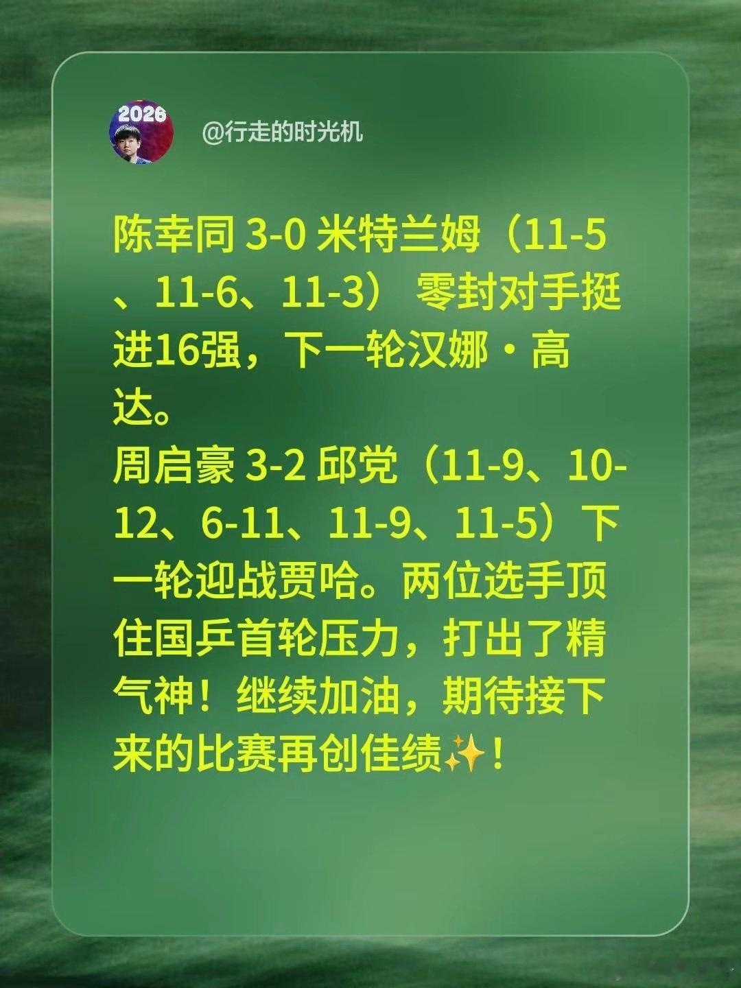 陈幸同3-0零封米特兰姆（11-5、11-6、11-3），挺进16强，下一轮对阵