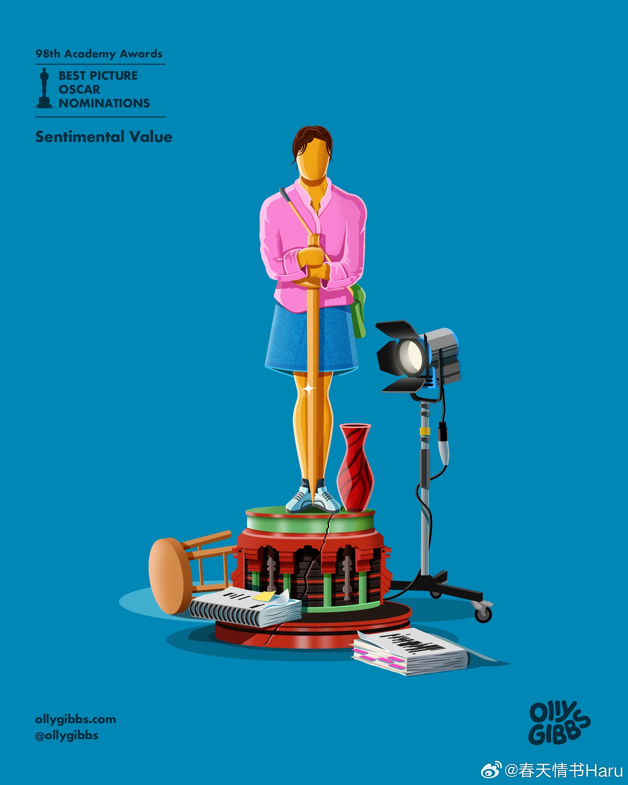 艺术家Olly Gibbs绘制的今年奥斯卡最佳影片提名的小金人海报 