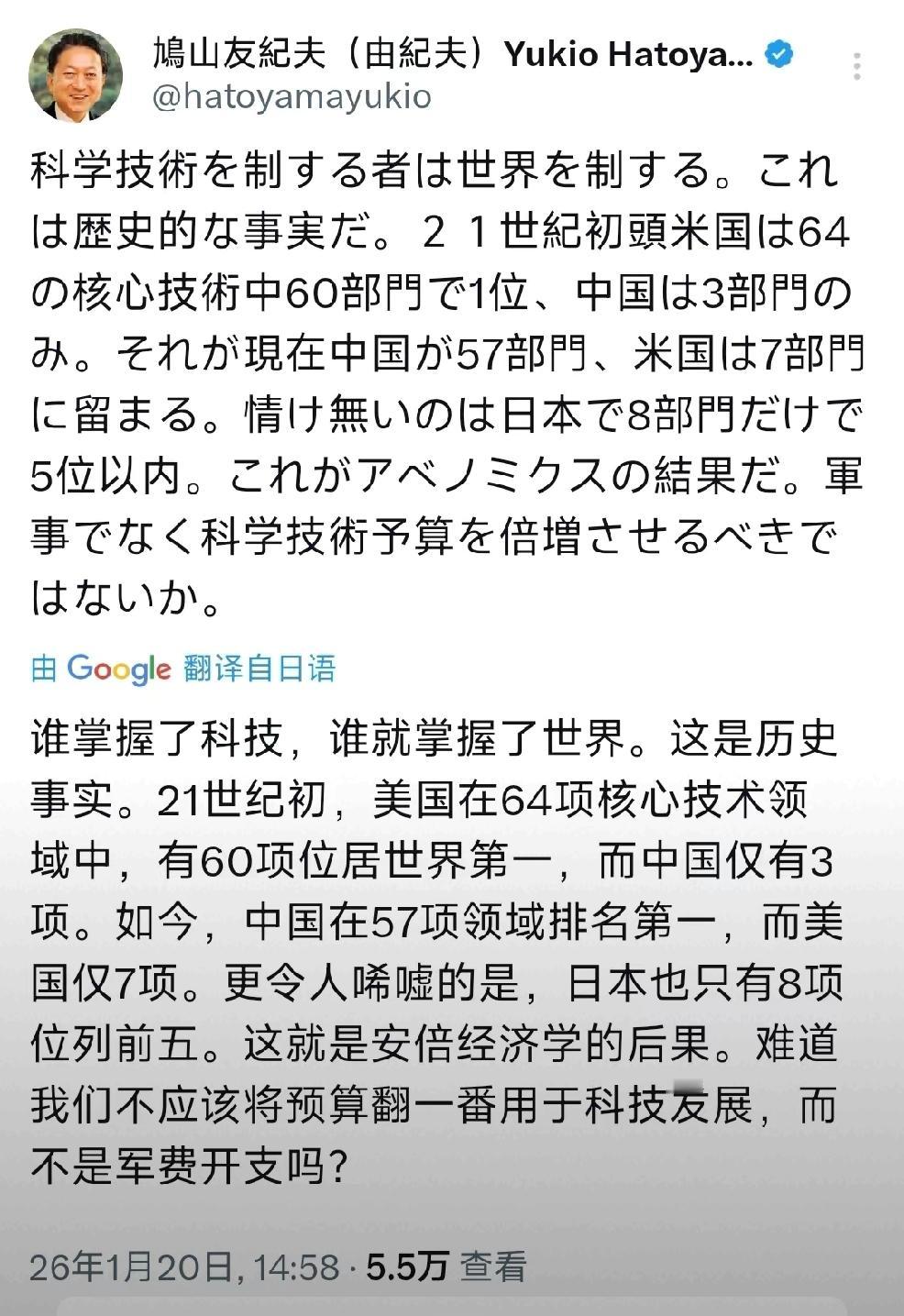 日本前首相鸠山由纪夫，1月20日发文：“谁掌握了科技，谁就掌握了世界，这是历史事
