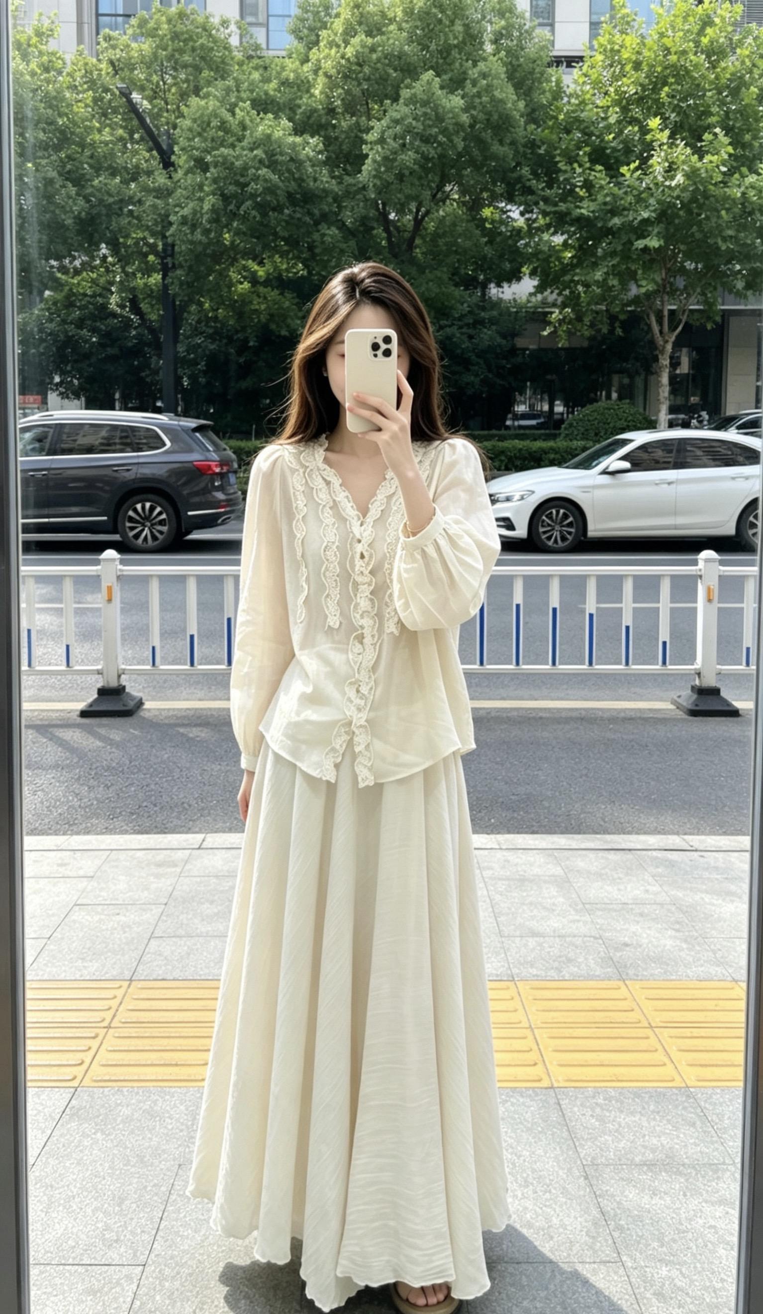 韩系温柔风套装 法式温柔蕾丝v领 温柔白月光穿搭
