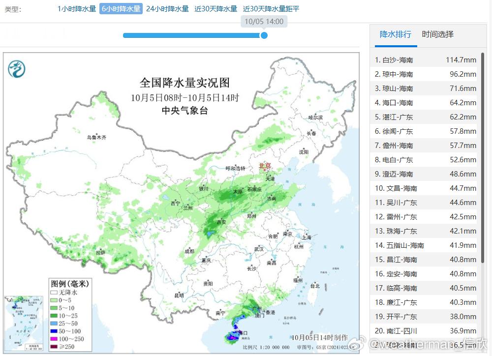 【强降雨】今天08-14时，因为台风麦德姆影响，海南岛中北部和广东西南部，出现强
