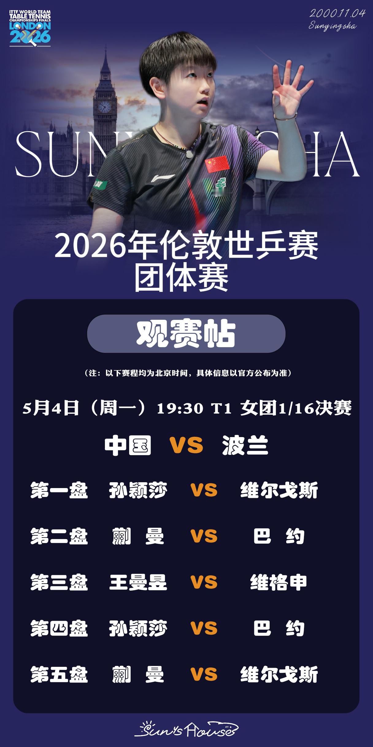 孙颖莎 🏓伦敦世乒赛团体赛 【5月4日女团1/16决赛观赛帖】赛制：五盘三胜项