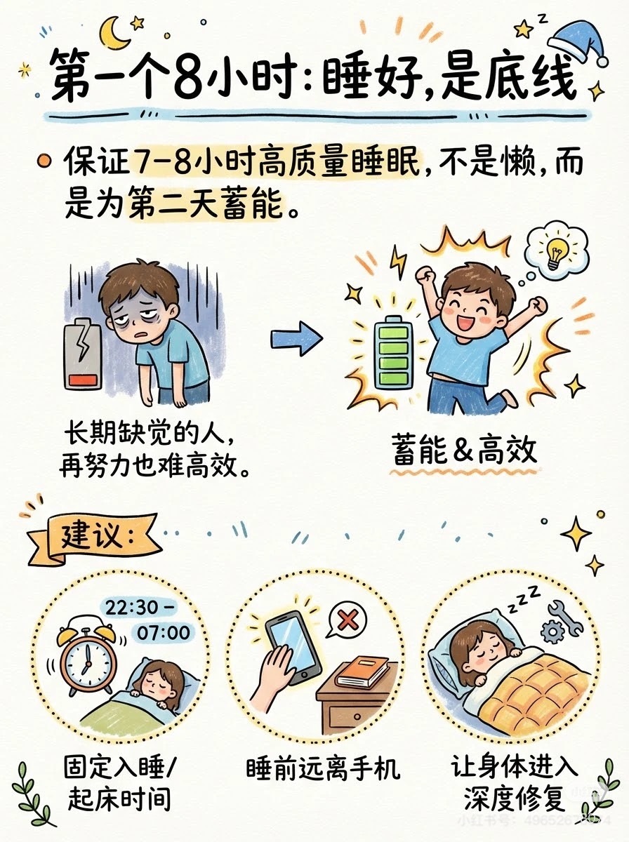 一天居然是3个8小时组成的8小时工作，8小时睡眠，看似固定，而那剩下的8小时，才