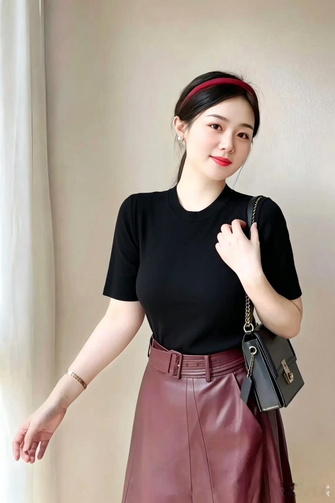 简约黑T恤搭配复古皮裙，时尚又百搭！👗👠