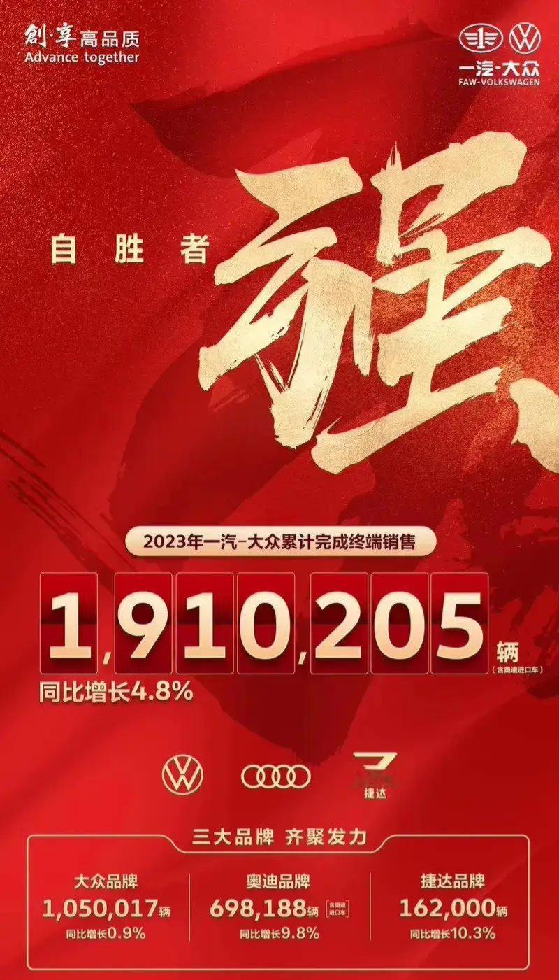 2023年，一汽大众累计实现新车销售191万辆，今年给自己定的目标居然和去年差不