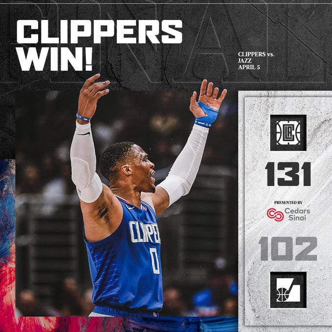 快船过去6场比赛赢下5场，目前领先第五的独行侠2个胜场！ ​​​