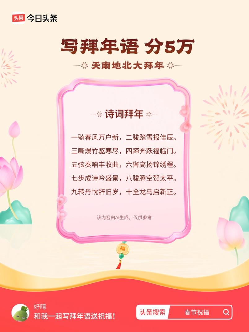 三嘶爆竹驱寒尽，四蹄奔跃福临门。 五弦奏响丰收曲，六辔高扬锦绣程。 七步成诗吟盛