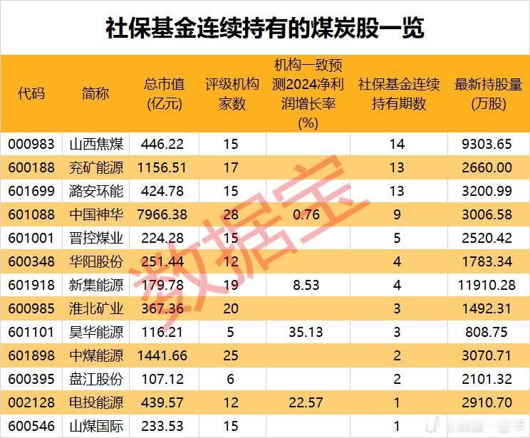 社保 基金  连续持有的煤炭股名单 