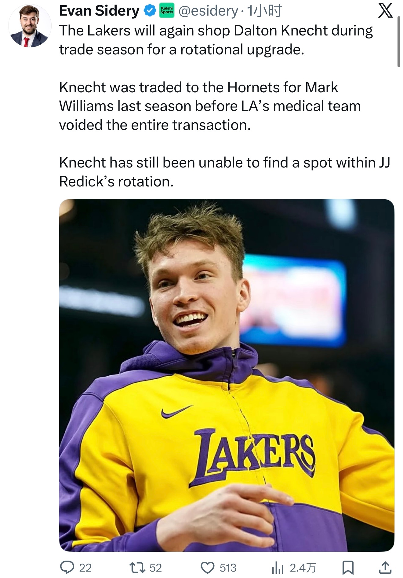 Evan Sidery：湖人将再次交易克内克特，以寻求轮换阵容的升级。上赛季克内