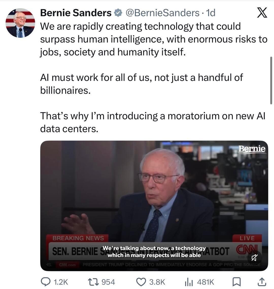 美国要暂停所有AI数据中心建设？
桑德斯和AOC刚提了一个法案，要暂停美国所AI