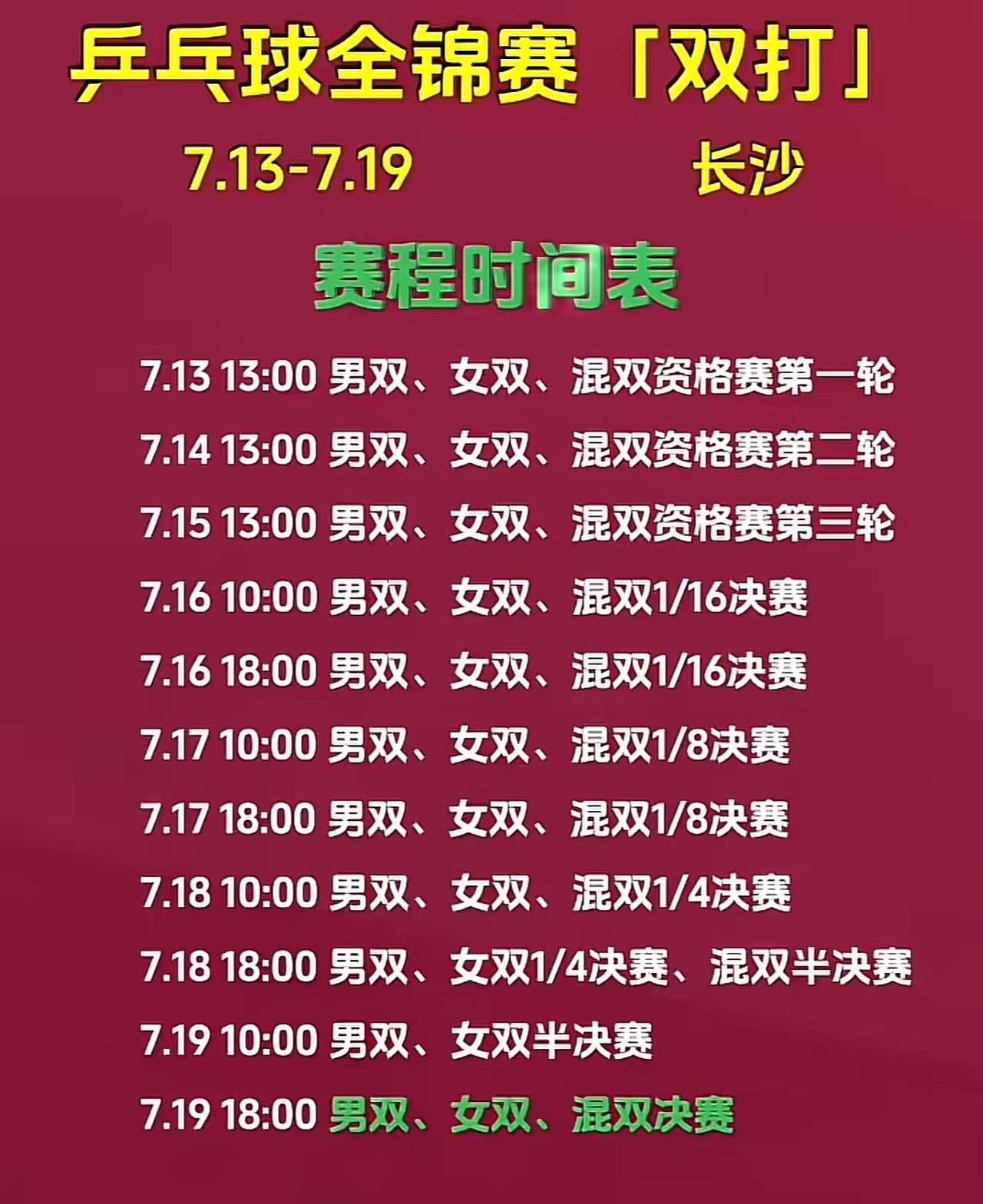 2026年全国乒乓球锦标赛双打比赛7月13日至19日在湖南长沙中南大学体育馆举行