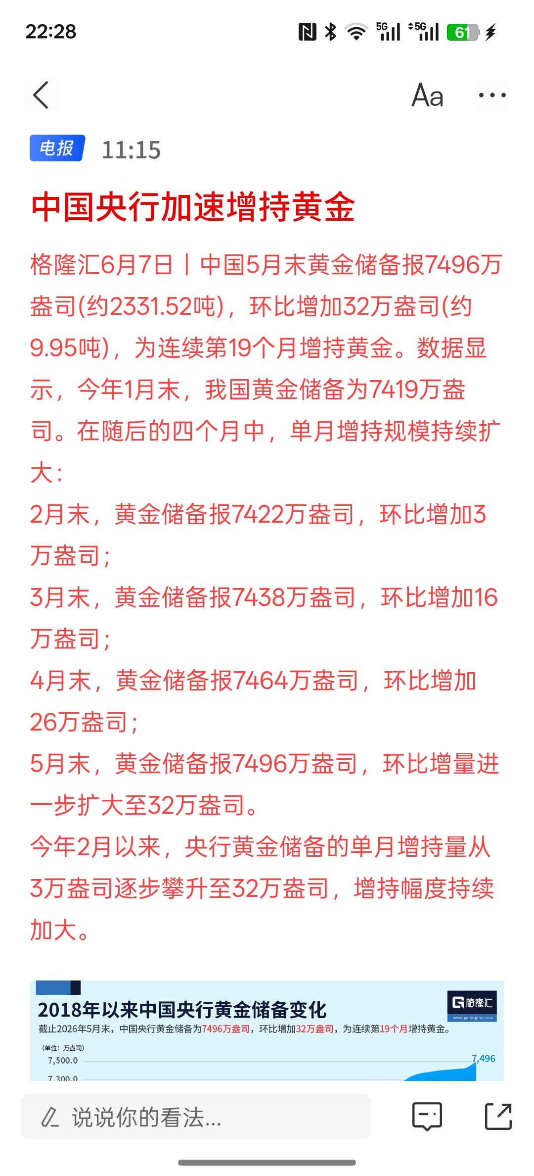 中国央行继续增持黄金，加速在增持黄金，黄金的价格在持续下跌并没有企稳，关于美国与