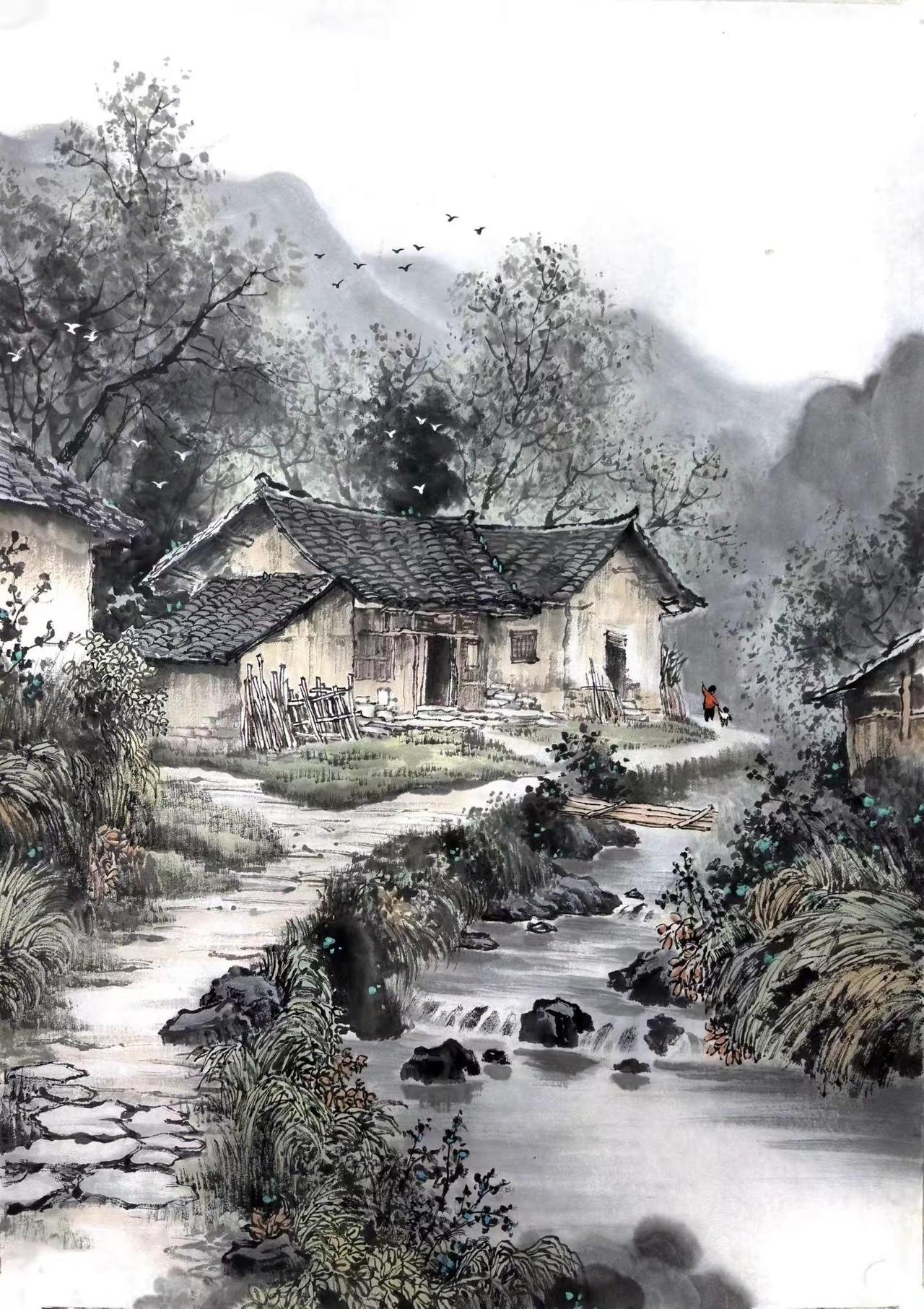 《溪桥归客》。水墨山水创作者中心 创作灵感 山乡水墨画 古村落山水画 水墨村居 