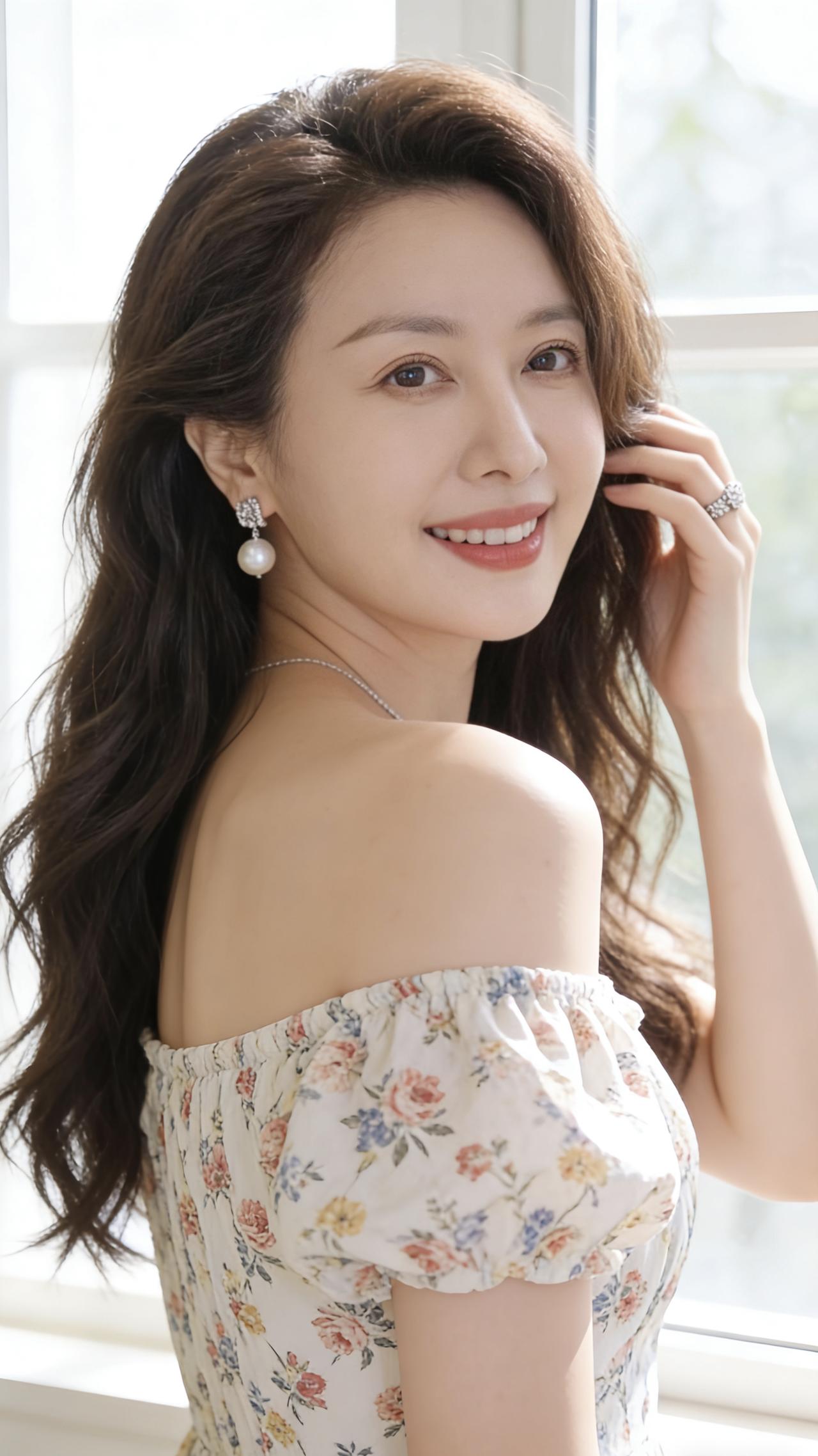 甜美花裙少女，微笑面对阳光，珍珠耳环闪耀，幸福时光定格。