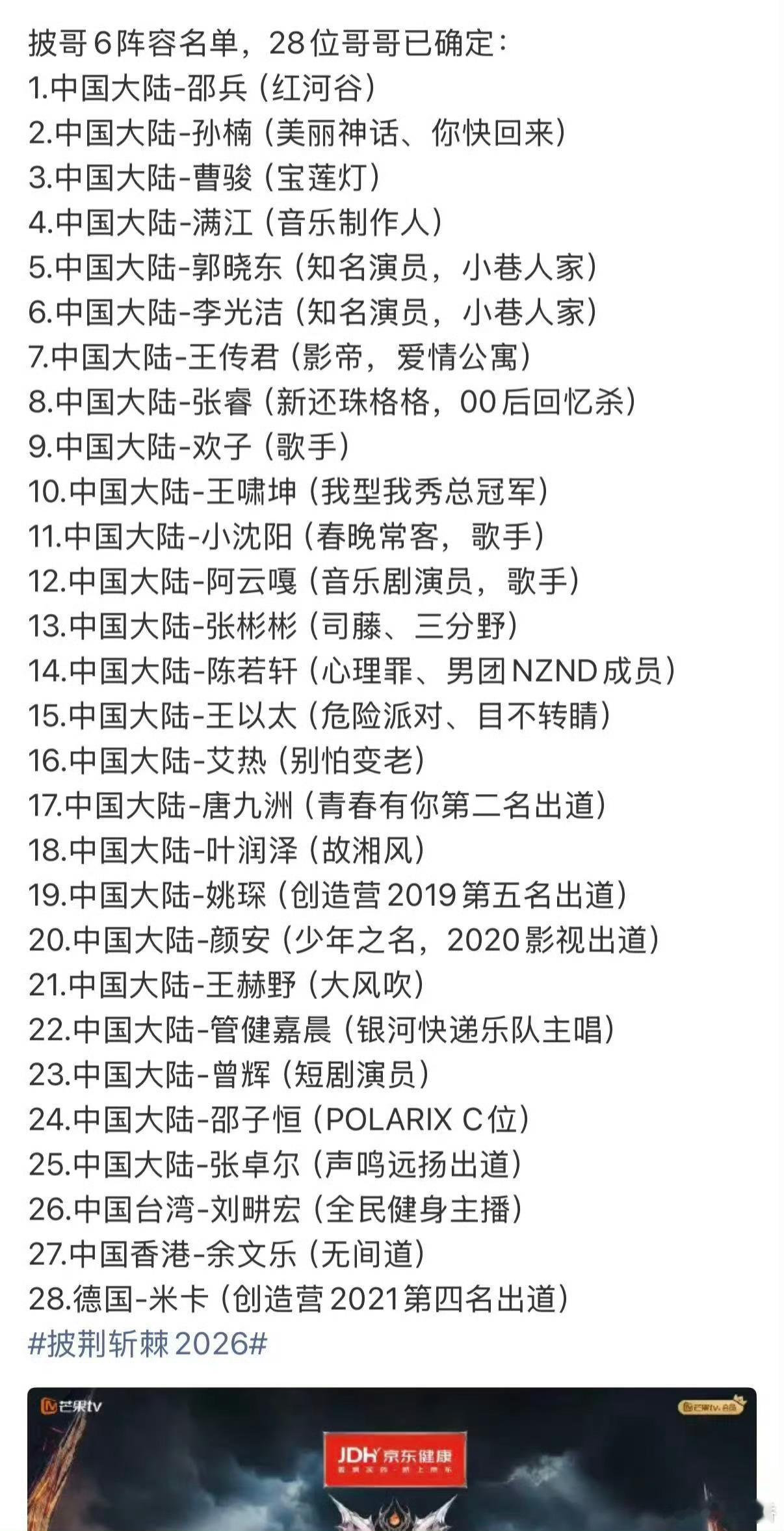 披荆斩棘2026确定名单王传君、邵兵 邵子恒父子同台、哇塞 这个名单有点子期待了