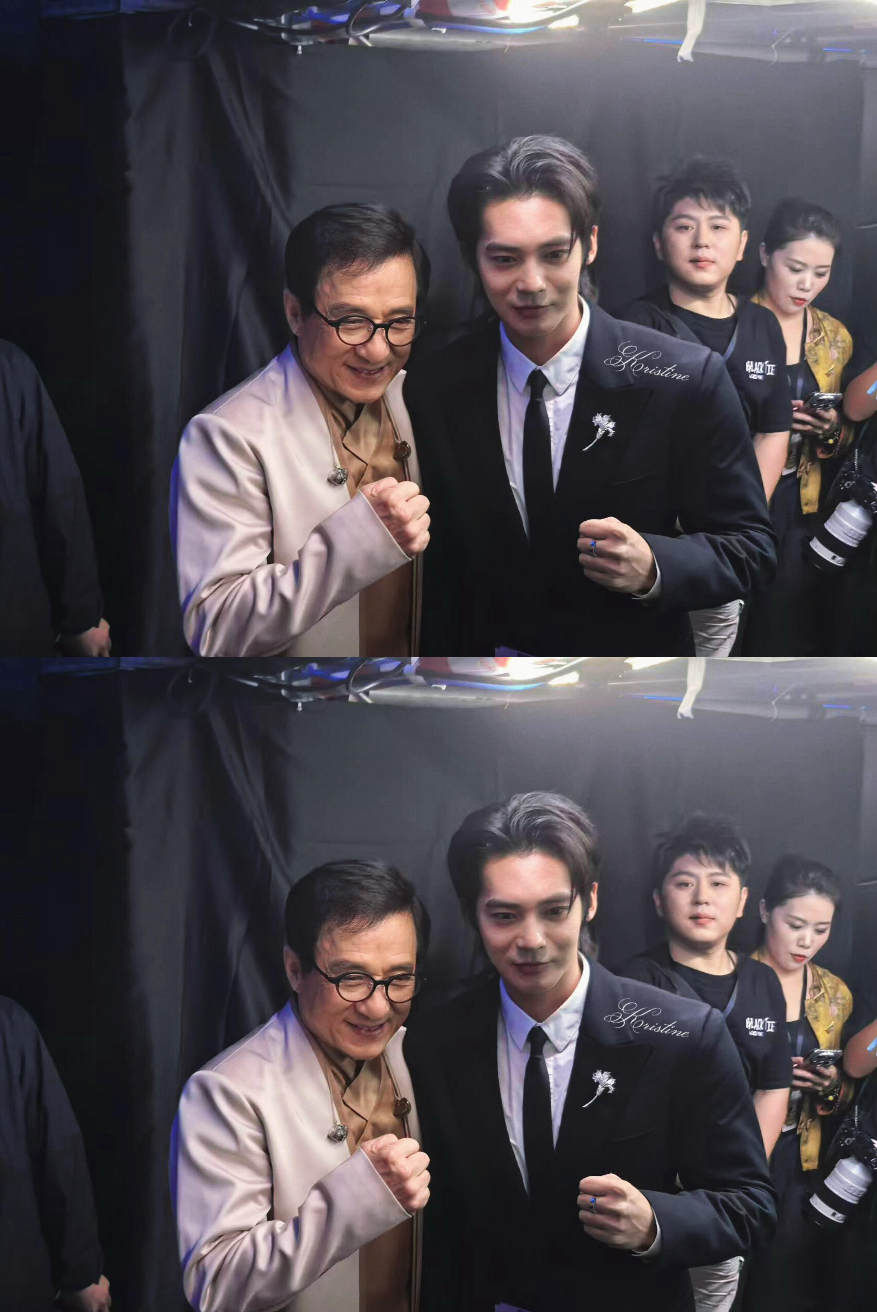湾区升明月出图. 于适大湾区后台和成龙合影于适和成龙大哥大湾区后台合拍 小拳头握