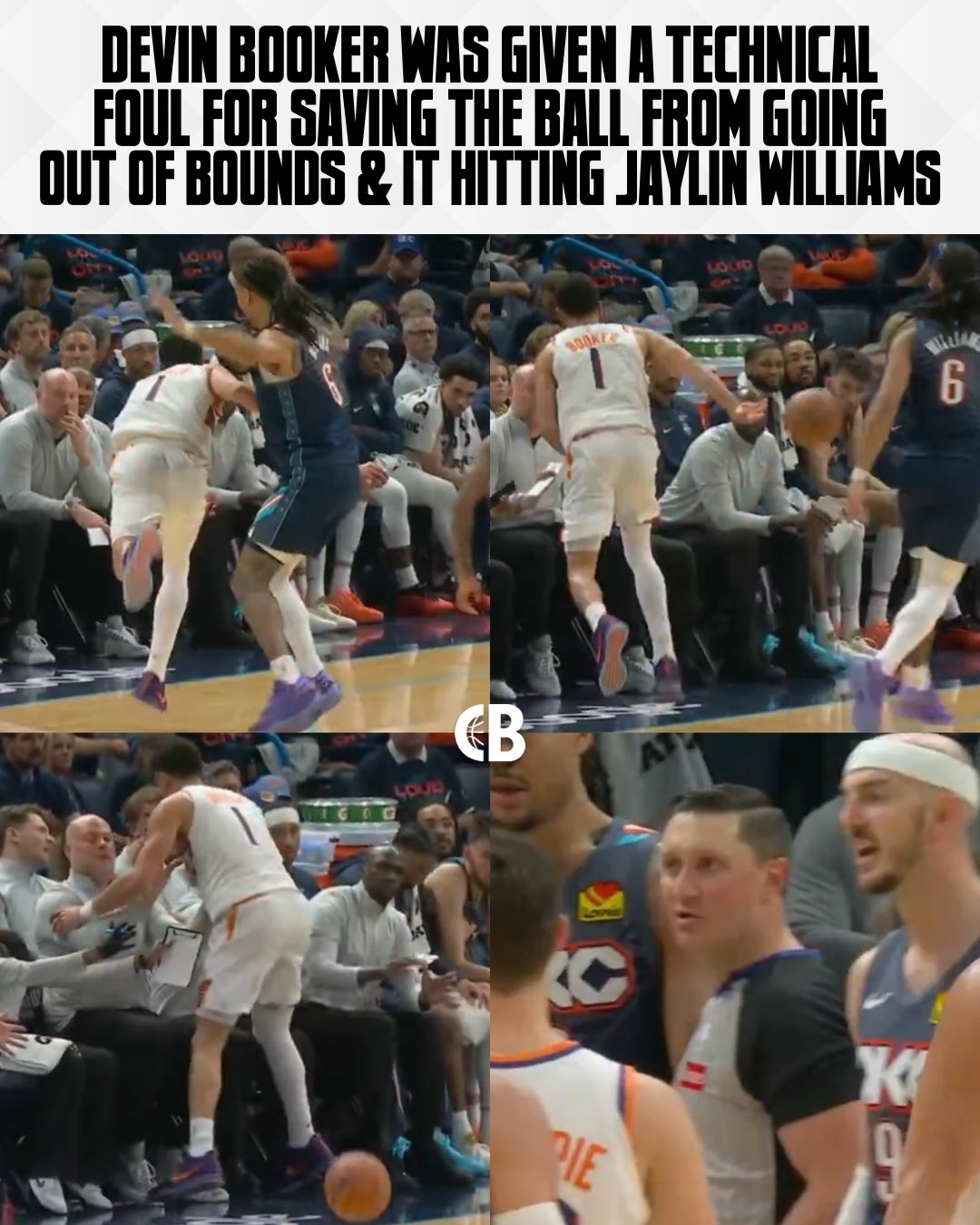 技术犯规？！德文·布克为了救球，将球从背后抛出，结果球击中了杰林·威廉姆斯，被判