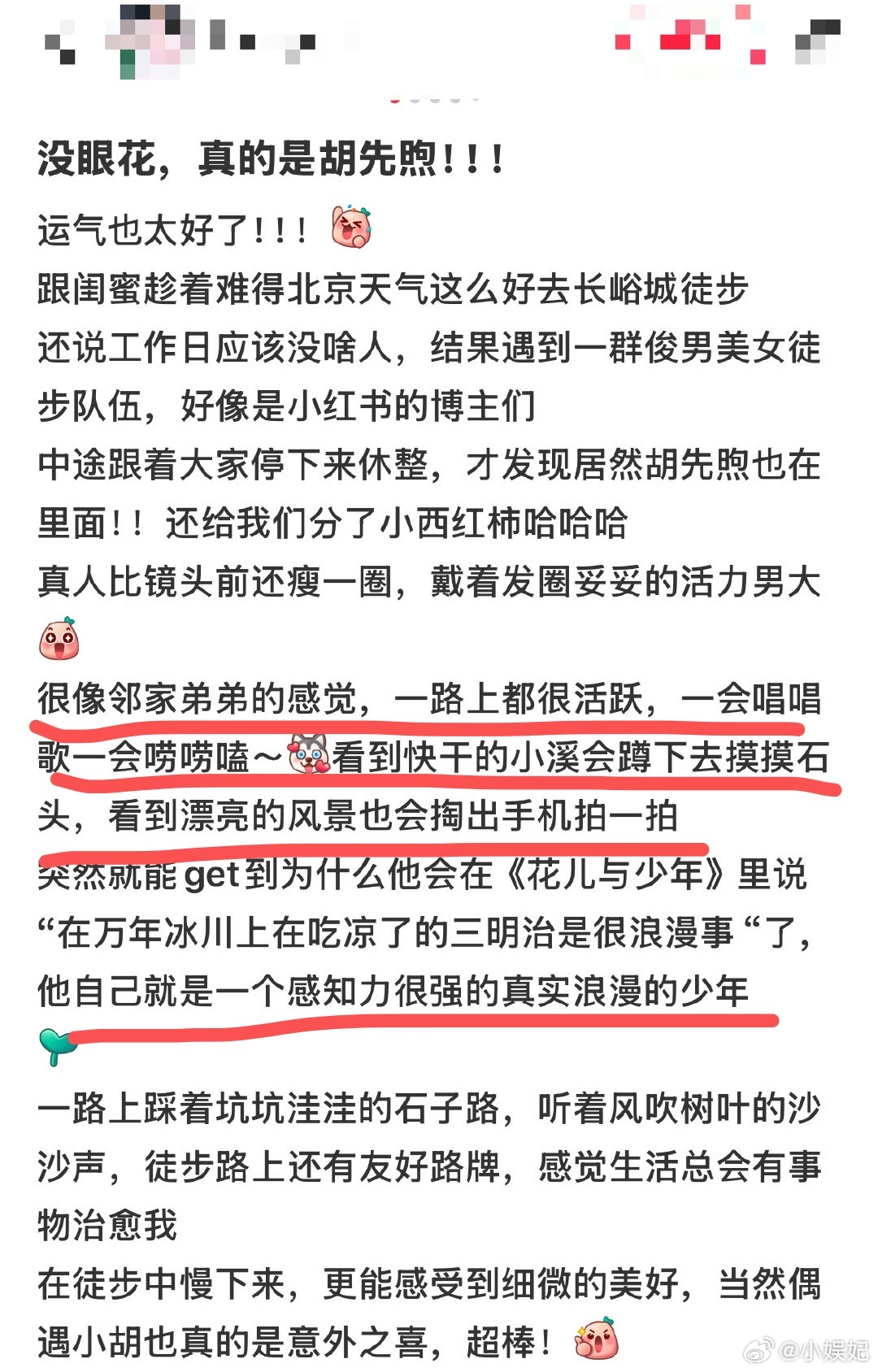徒步偶遇胡先煦的人从众建议胡先煦把微博名改成'户外野生代言人'！春游既视感拉满的