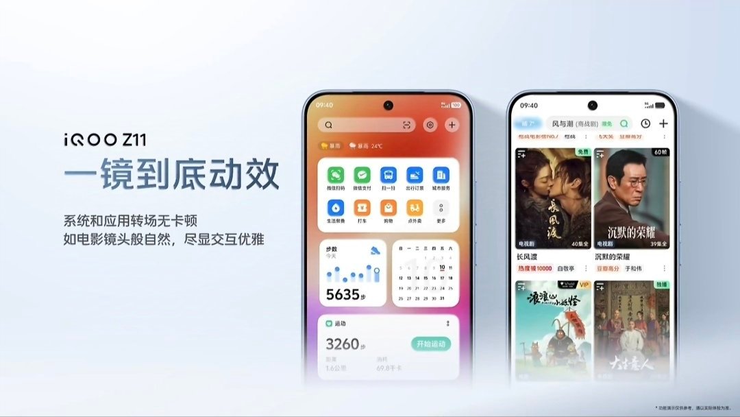 iQOOZ11系列搭载了全新OriginOS 6，像趣味光栅呀、一镜到底动效都可