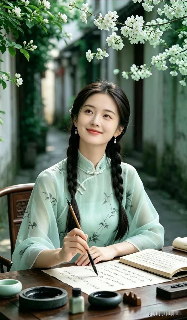 古巷佳人貌相灵，
花间伏案写兰亭；
砚中墨润春风软，
羲之笔法且慢行。