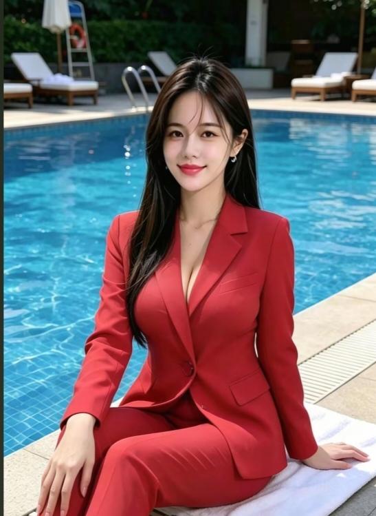 〔欣赏图片〕
图中画面游泳池；
一个美女想游泳；
咋还不穿比基尼；
请问美女会游