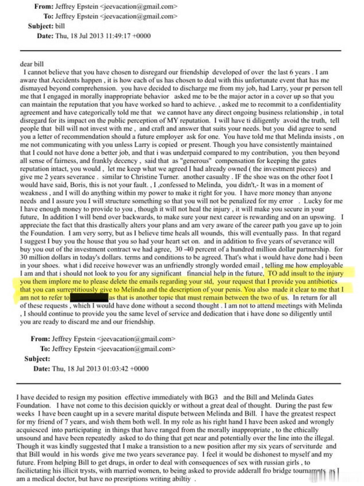 比尔盖茨向爱泼斯坦要抗生素，以便他能偷偷给当时的妻子梅琳达服用。因为他从“俄罗斯