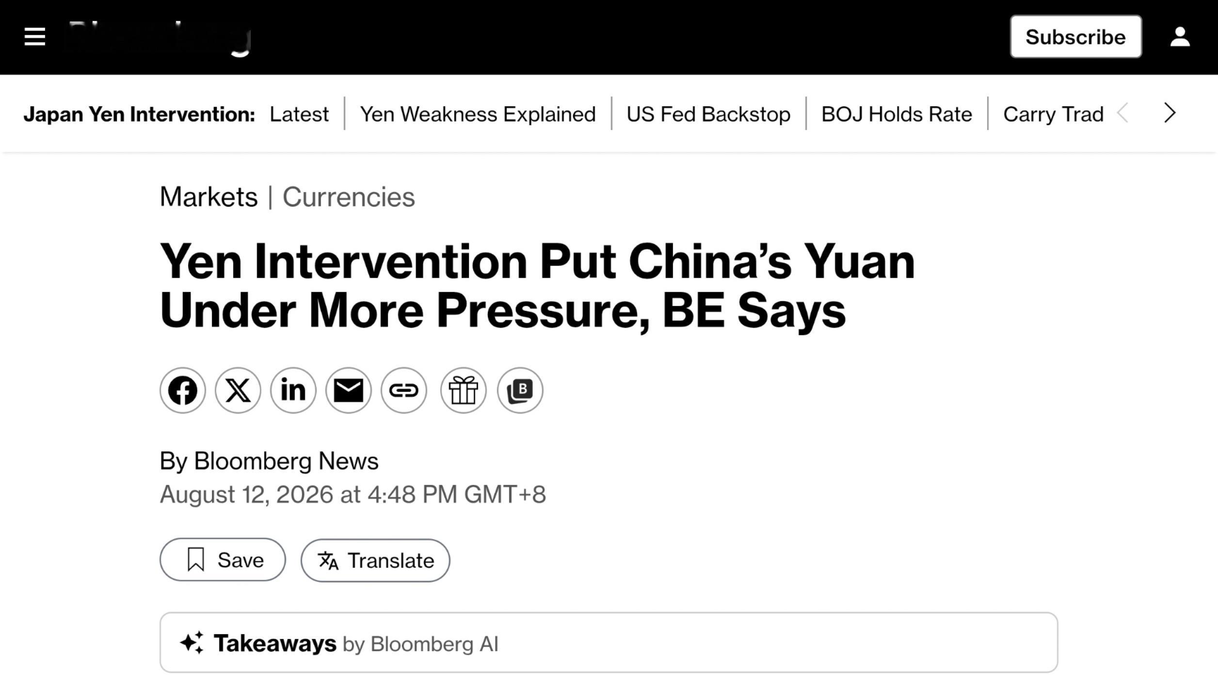 彭博经济研究指出，自美国和日本出手推高日元以来，人民币面临更大的升值压力。彭博经
