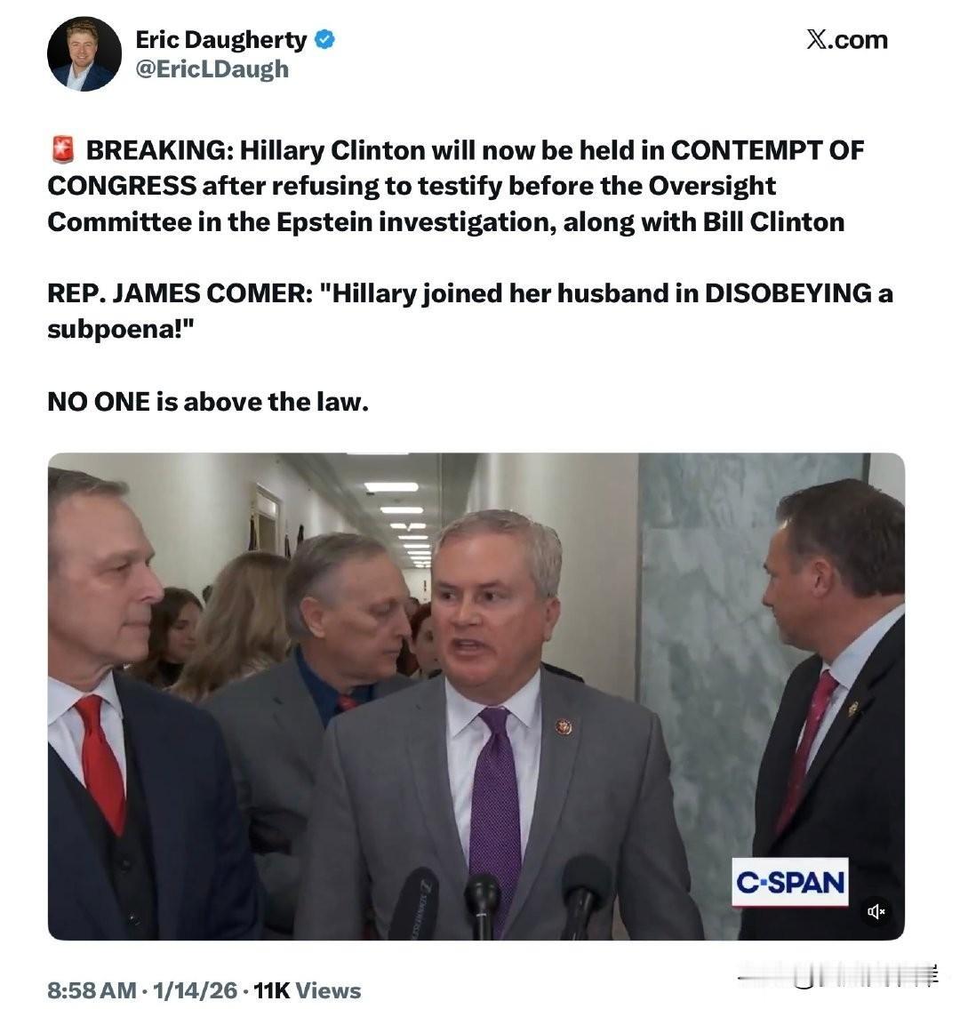 突发：Hillary Clinton 因拒绝在 Epstein 调查中接受监督委