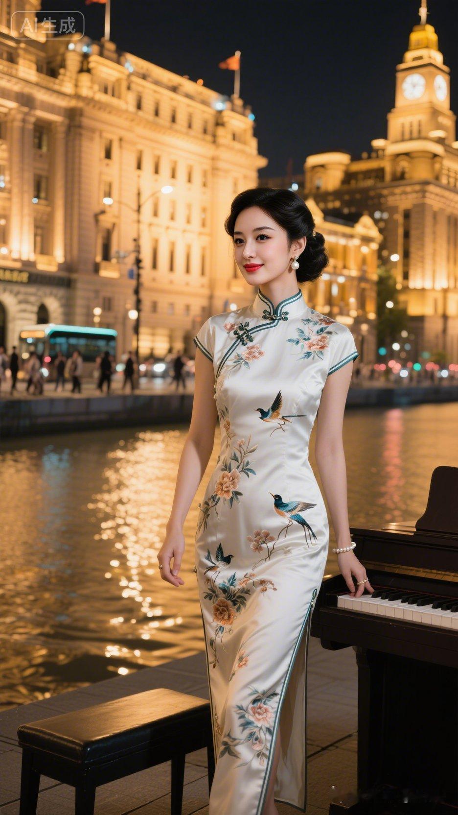 夜色中的东方美人，旗袍与钢琴的优雅邂逅。