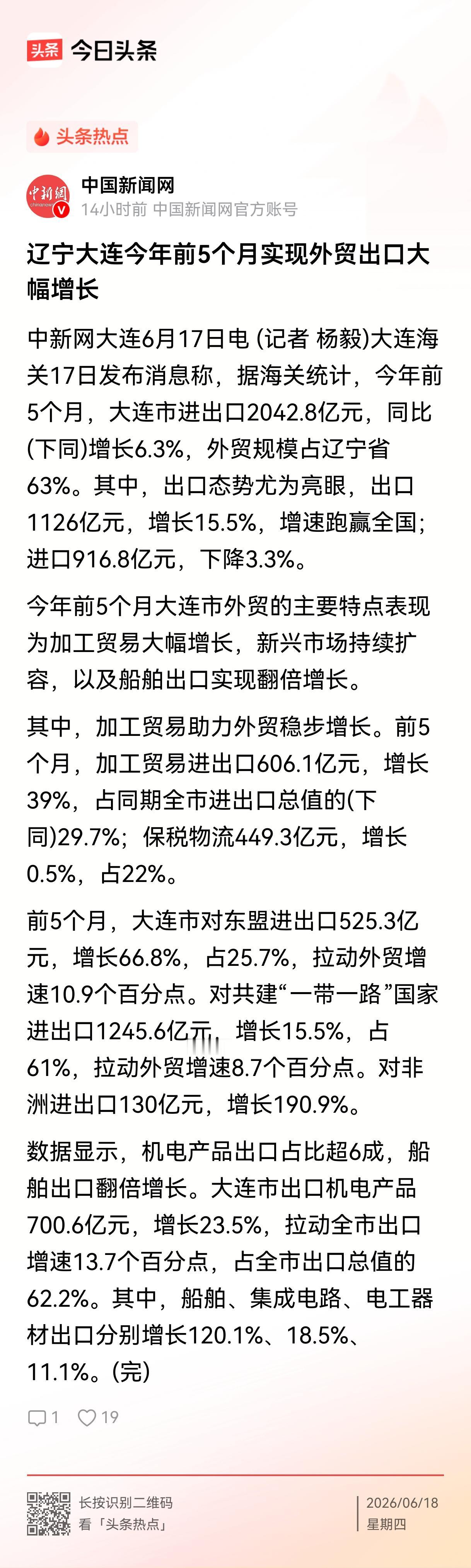 大连现在真是支楞起来了，外贸出口大幅度增长，今年前5个月进出口是2042.8亿元