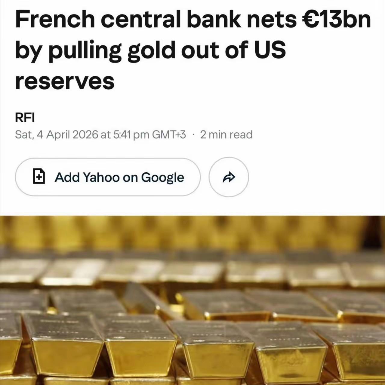 法国央行抛售所有存放在美国的黄金
 
从2025年7月到2026年1月，法国央行