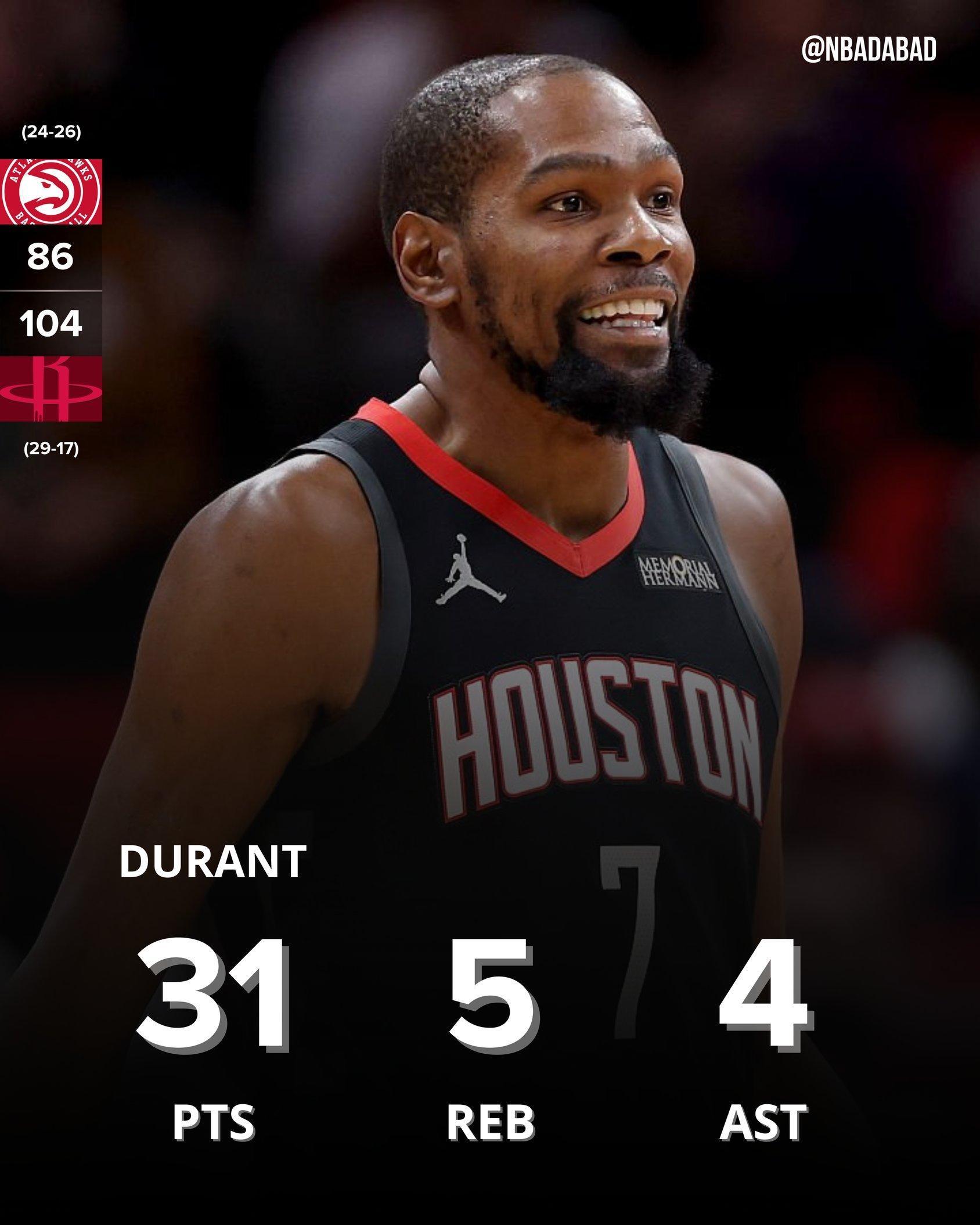 火箭再拿下一场背靠背，KD近5战第4个30+。火箭vs老鹰NBA