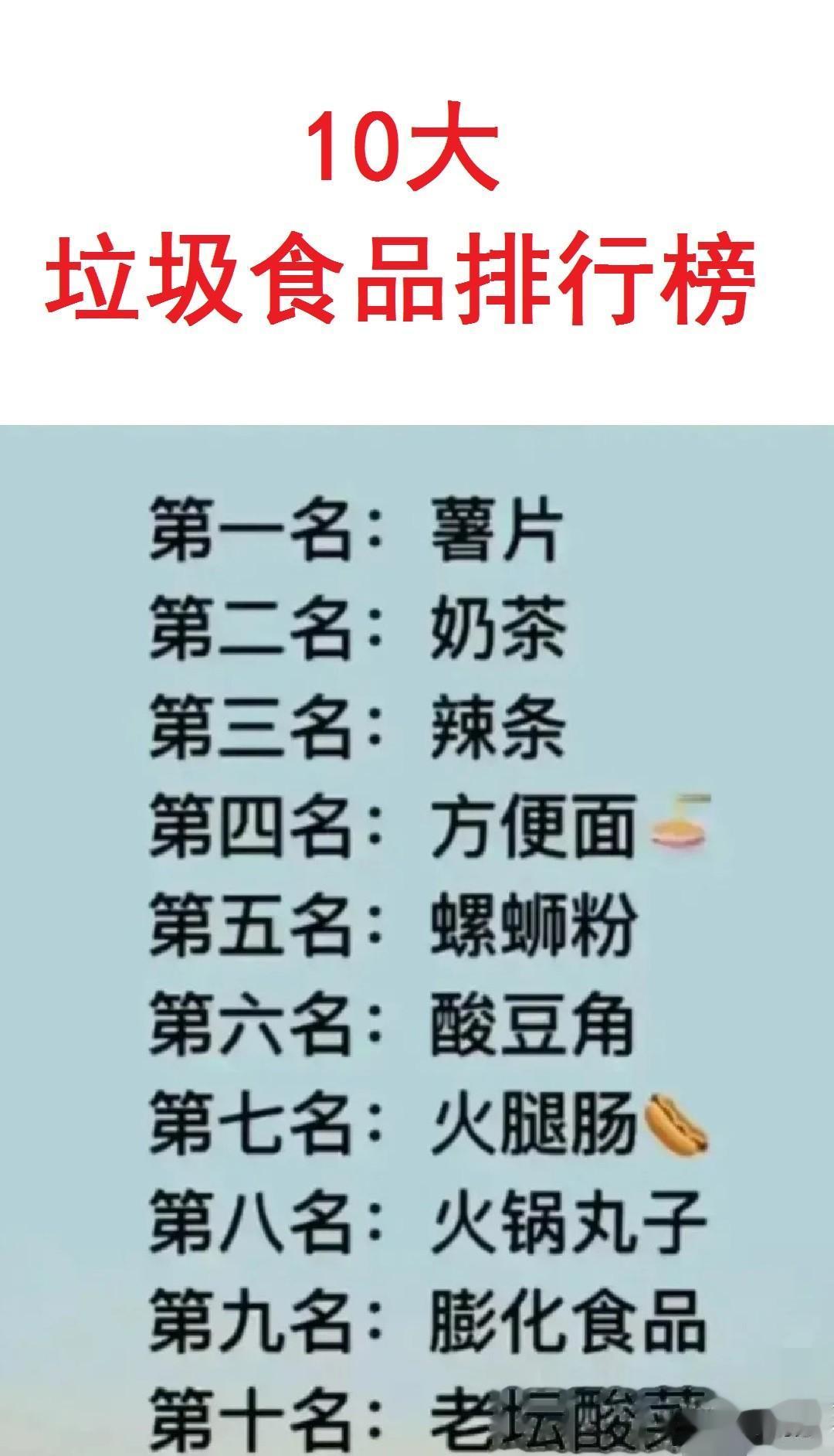 第10：老坛酸菜（315曝光，土坑腌菜）；
第3：辣条（以前苍蝇到处爬，如今好很