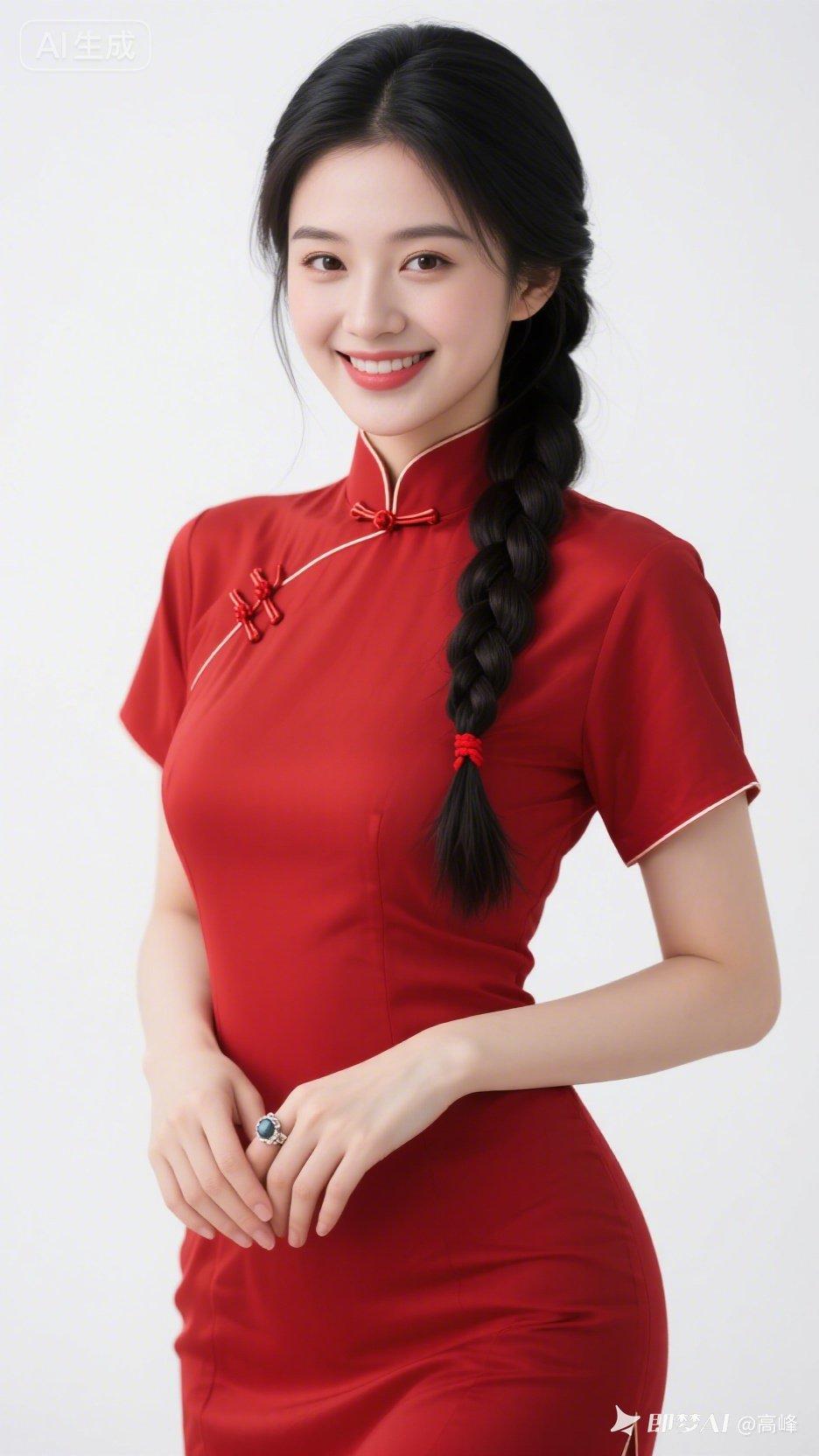 红衣少女，甜美笑容，传统旗袍，优雅气质。