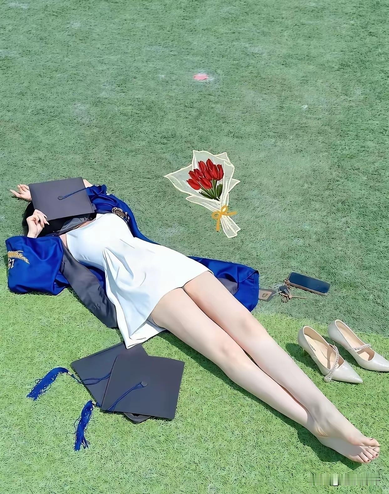 女同学拍完毕业照兴奋的躺在草地上，不得不说这身材太好了，这大腿可以打满分吧？
工