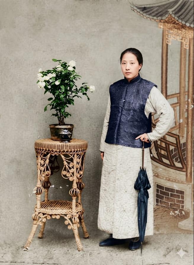 1907年，鉴湖女侠秋瑾人生最后一张留影。
秋瑾一身男子长衫坎肩，手握洋伞立于照