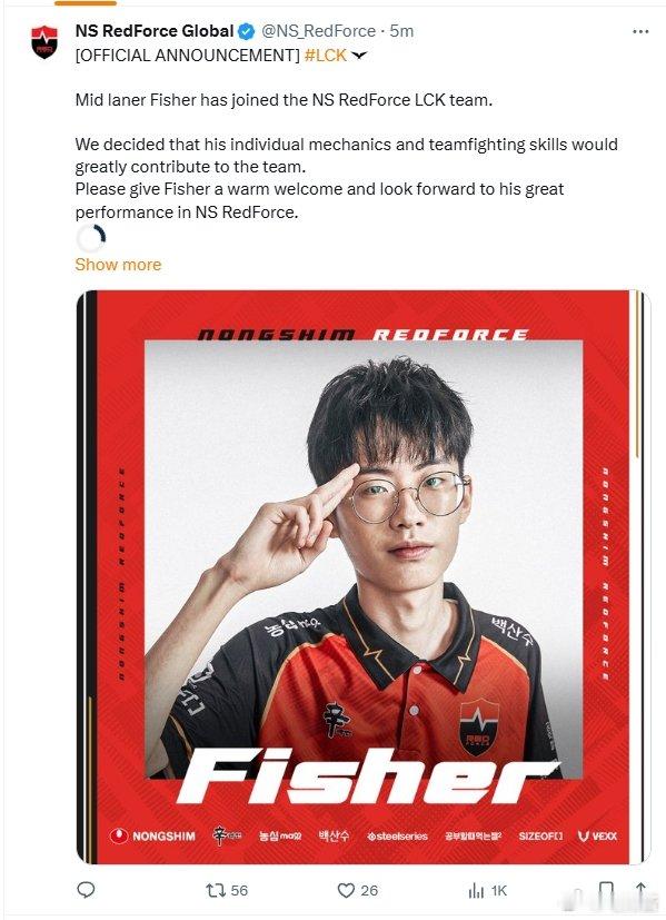 #Fisher回归LCK#LCK赛区NS俱乐部：前EDG中单Fisher加盟，他