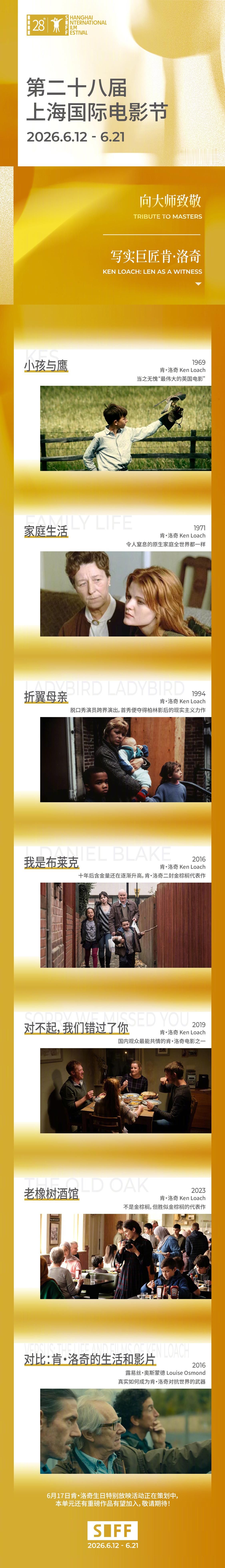 上海国际电影节片单发布第28届上海国际电影节“向大师致敬”单元公布片单，展映英国